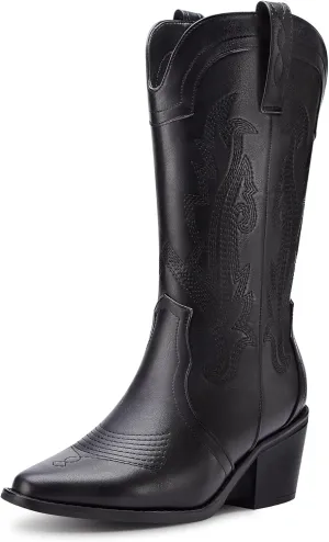 Women's Cowboy Boots Pointed Toe Western Boots Embroidered Mid-Calf Chunky Block Heel Cowgirl Boots