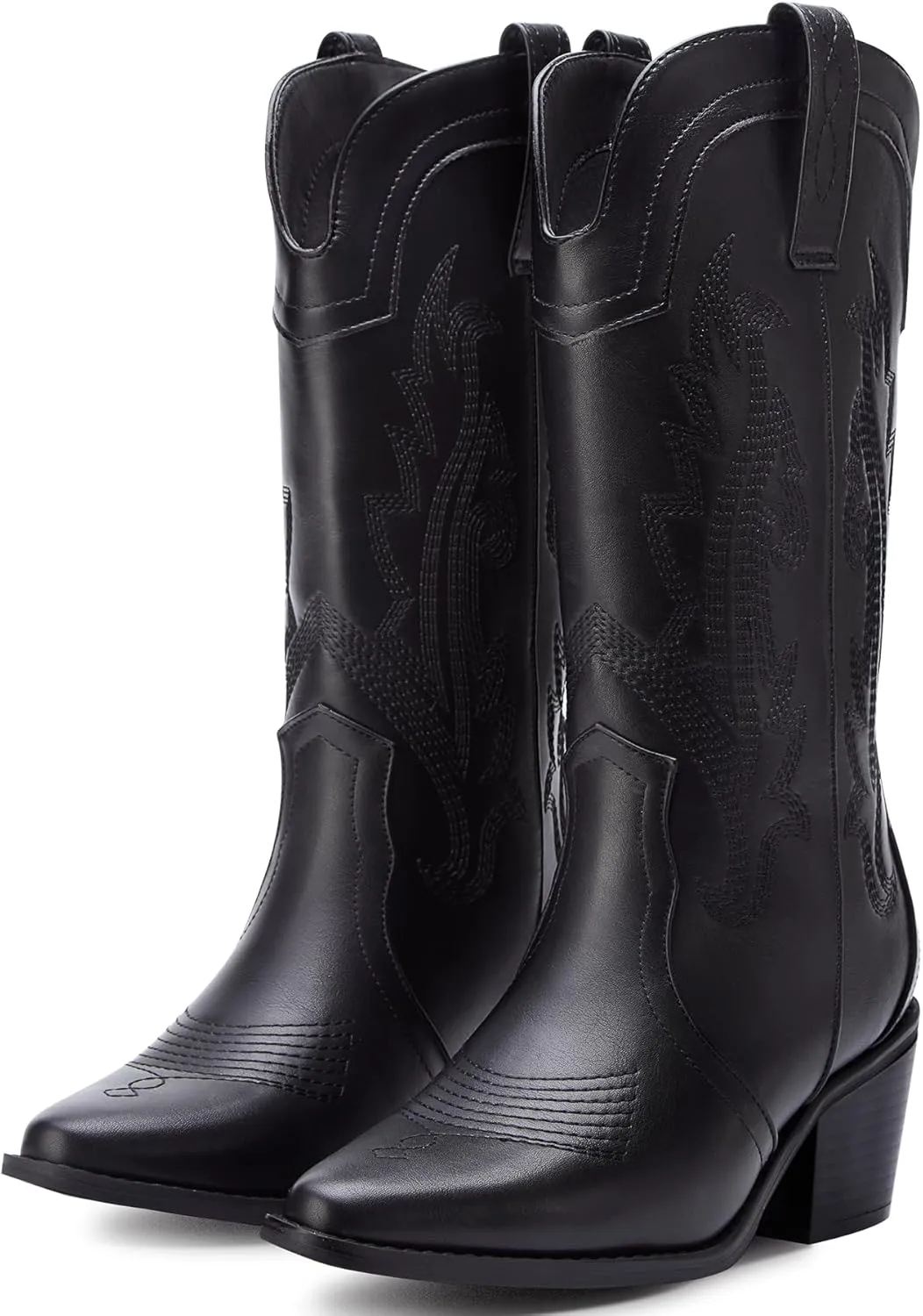 Women's Cowboy Boots Pointed Toe Western Boots Embroidered Mid-Calf Chunky Block Heel Cowgirl Boots