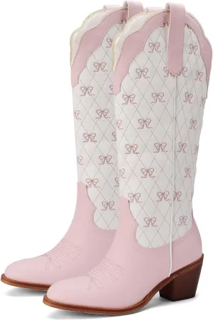 Women's Cute Cowboy Boots With Bow Embroidery Casual Knee High Cowgirl Boots For Women Chunky Heel Pointed Toe Western Style Boot With Color-Block Design For Prom Dressy Party