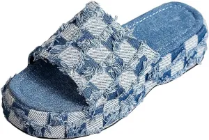 Women's Denim Cloth Heckered Jean Flat Mules Open Toe Wedge Slippers Platform Clogs Non-Slip Boho Sandals Close Pointed Toe Heels Backless Slip-On Loafers Walking Flip Flops
