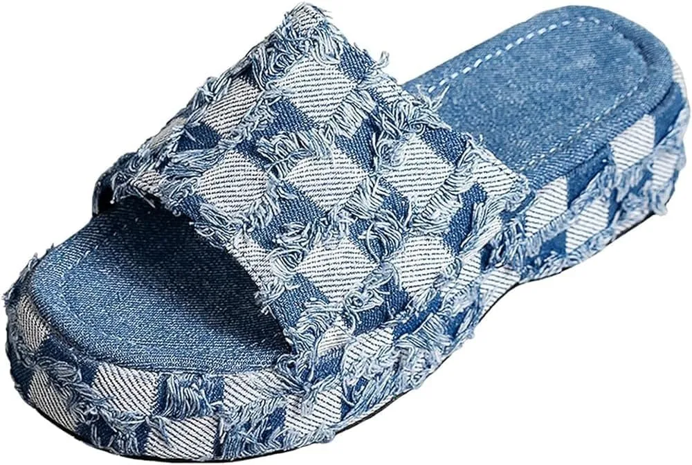 Women's Denim Cloth Heckered Jean Flat Mules Open Toe Wedge Slippers Platform Clogs Non-Slip Boho Sandals Close Pointed Toe Heels Backless Slip-On Loafers Walking Flip Flops