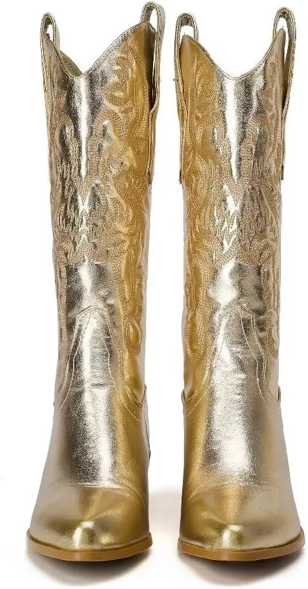 Women's Embroidered Western Cowboy Boots Cowgirl Boots Mid Tube Pointed Toe Chunky Heel Shiny Vintage Fashion Gold Boots