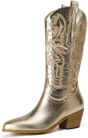Women's Embroidered Western Cowboy Boots Cowgirl Boots Mid Tube Pointed Toe Chunky Heel Shiny Vintage Fashion Gold Boots