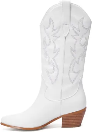 Women's Embroidered Western Cowboy Boots Cowgirl Boots Mid Tube Pointed Toe Chunky Heel Shiny Vintage Fashion Gold Boots