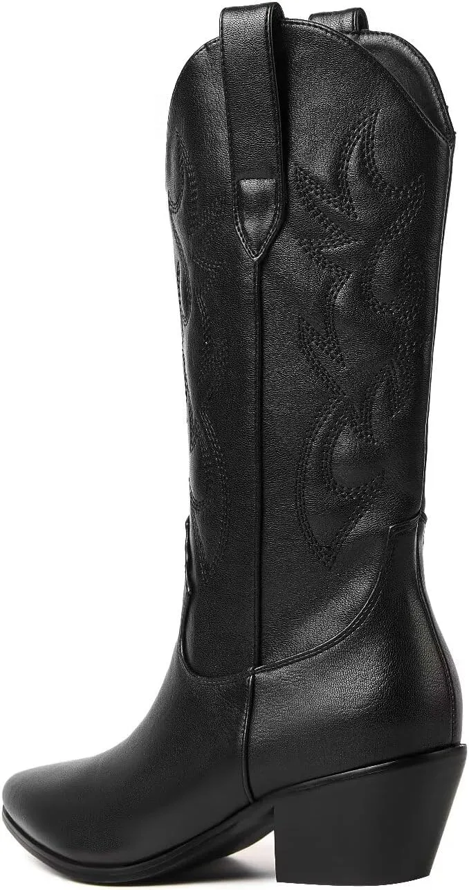 Women's Embroidered Western Cowboy Boots Cowgirl Boots Mid Tube Pointed Toe Chunky Heel Shiny Vintage Fashion Gold Boots
