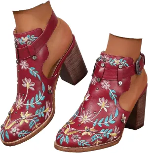 Women's Floral Embroidered Ankle Boots Round Toe Buckled Backless Western Vintage Wooden Chunky Heeled Shorts Booties