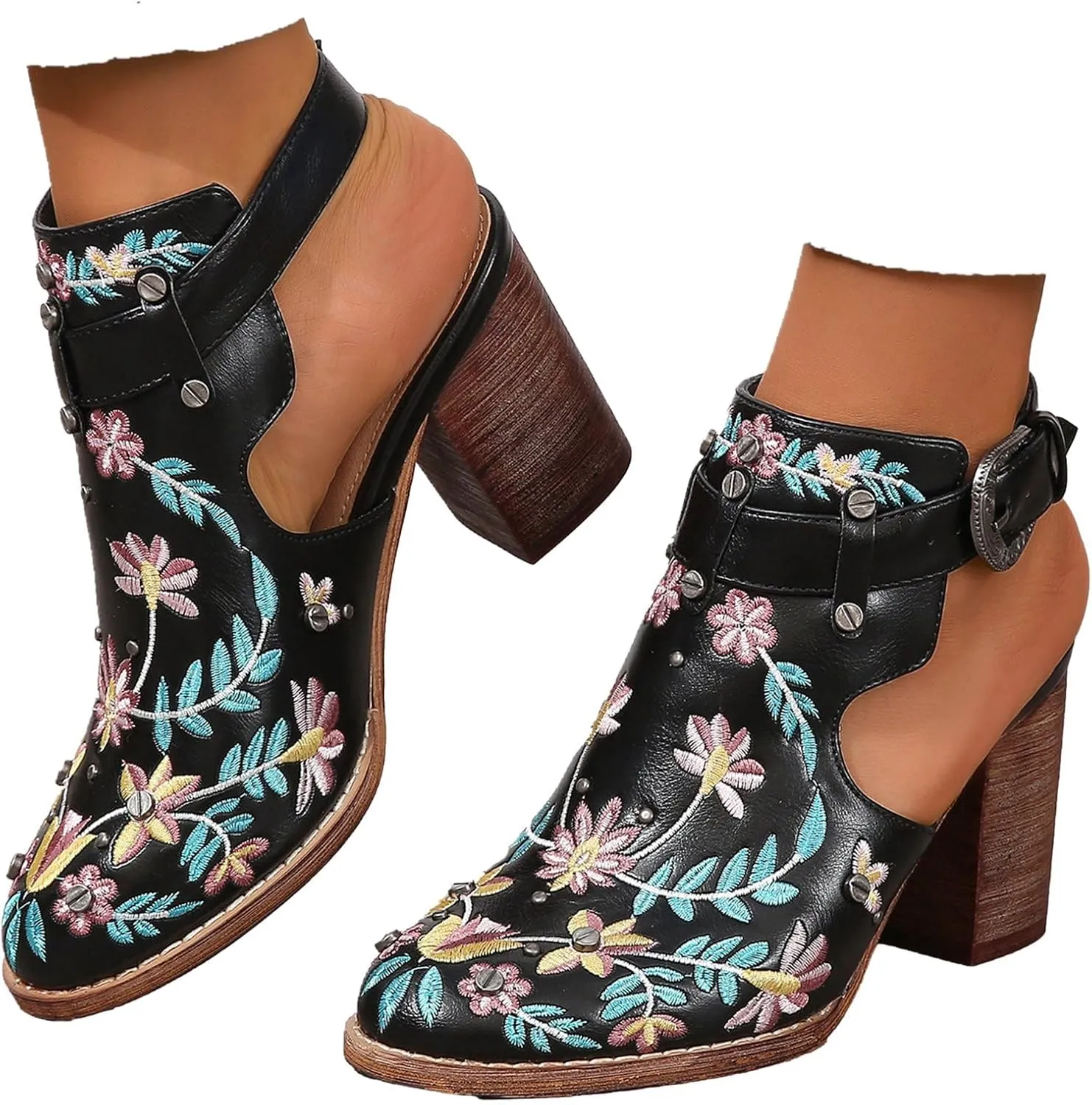 Women's Floral Embroidered Ankle Boots Round Toe Buckled Backless Western Vintage Wooden Chunky Heeled Shorts Booties