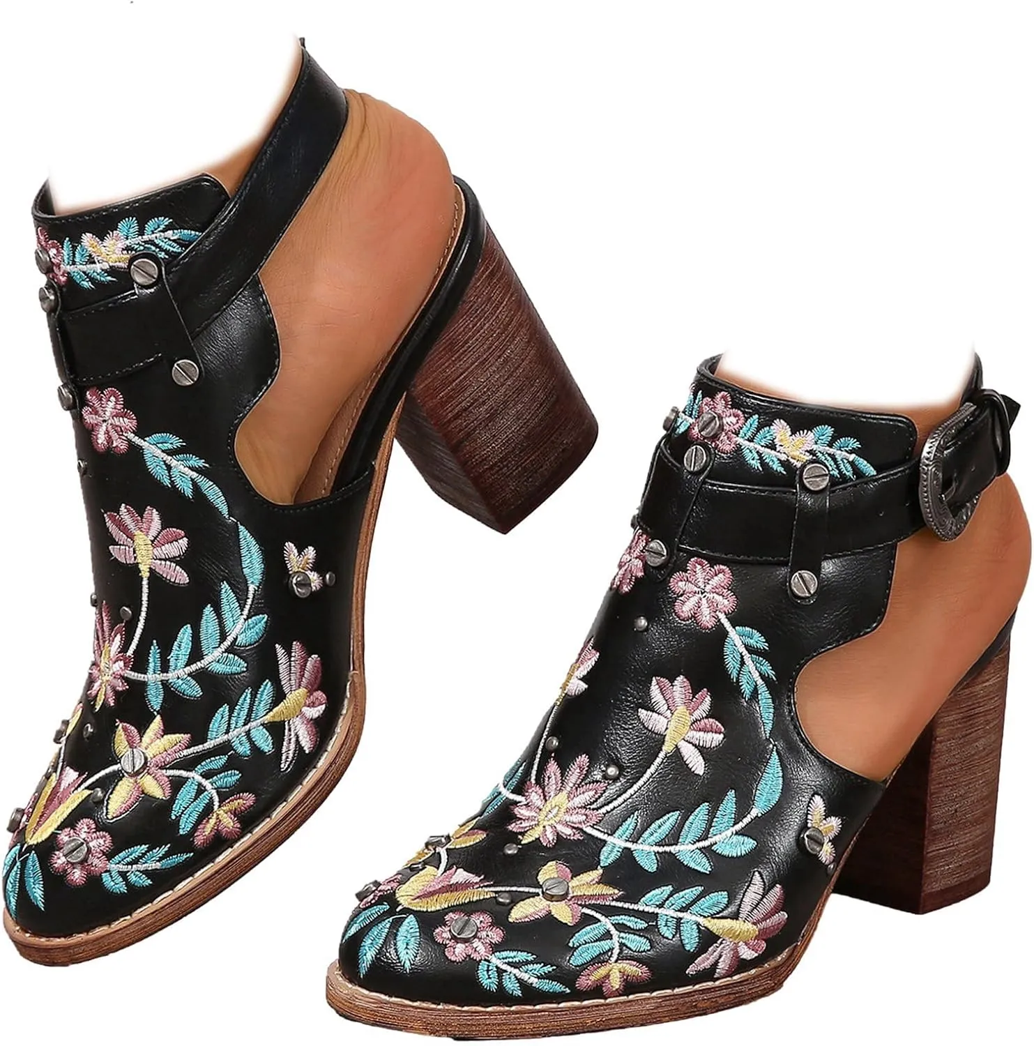 Women's Floral Embroidered Ankle Boots Round Toe Buckled Backless Western Vintage Wooden Chunky Heeled Shorts Booties