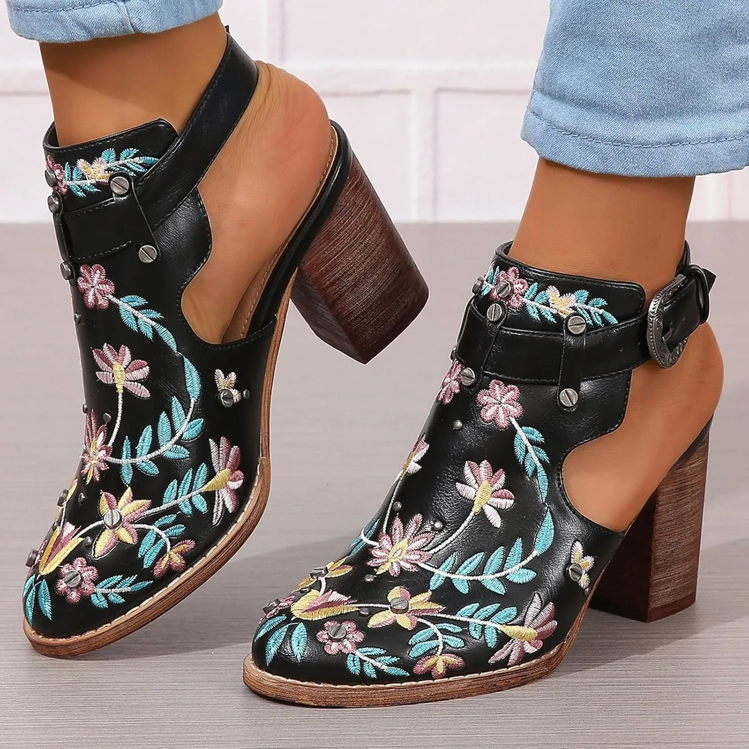 Women's Floral Embroidered Ankle Boots Round Toe Buckled Backless Western Vintage Wooden Chunky Heeled Shorts Booties