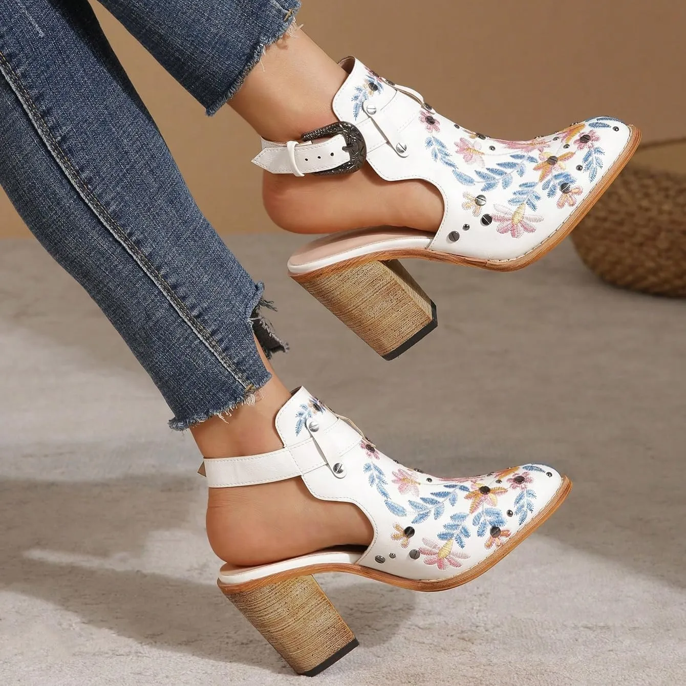 Women's Floral Embroidery Ankle Boots Buckled Backless Western Vintage Wooden Chunky Heeled Booties