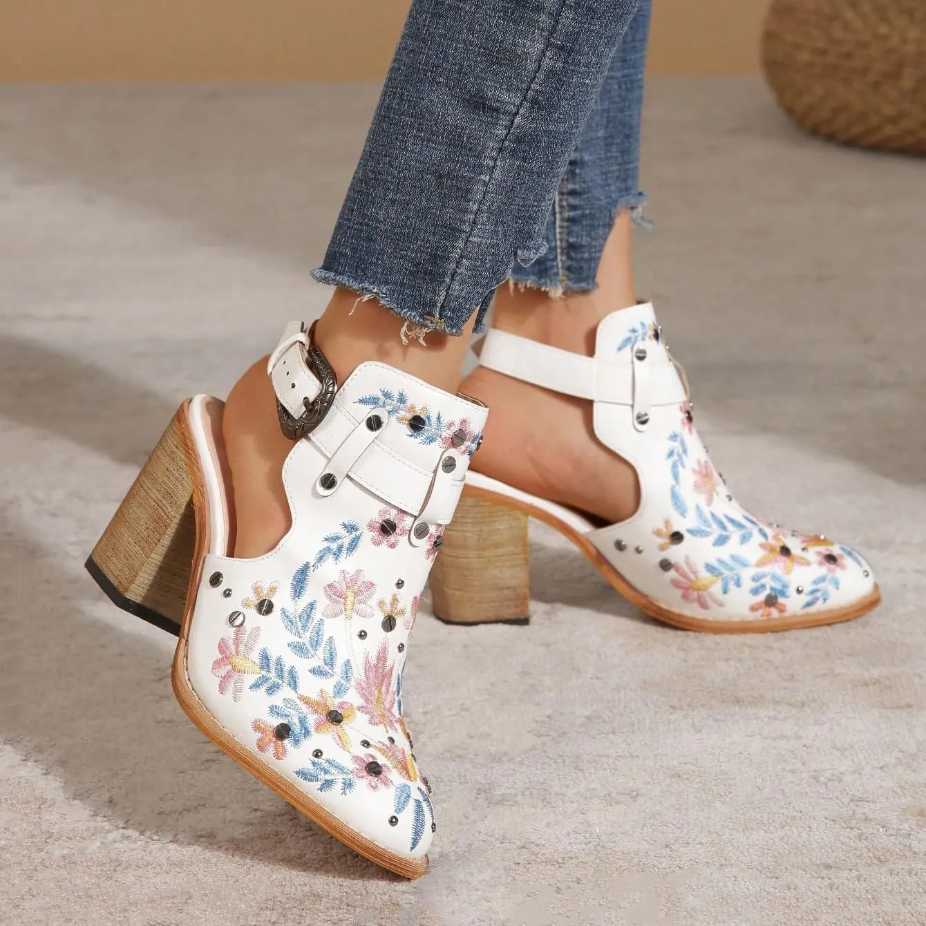 Women's Floral Embroidery Ankle Boots Buckled Backless Western Vintage Wooden Chunky Heeled Booties