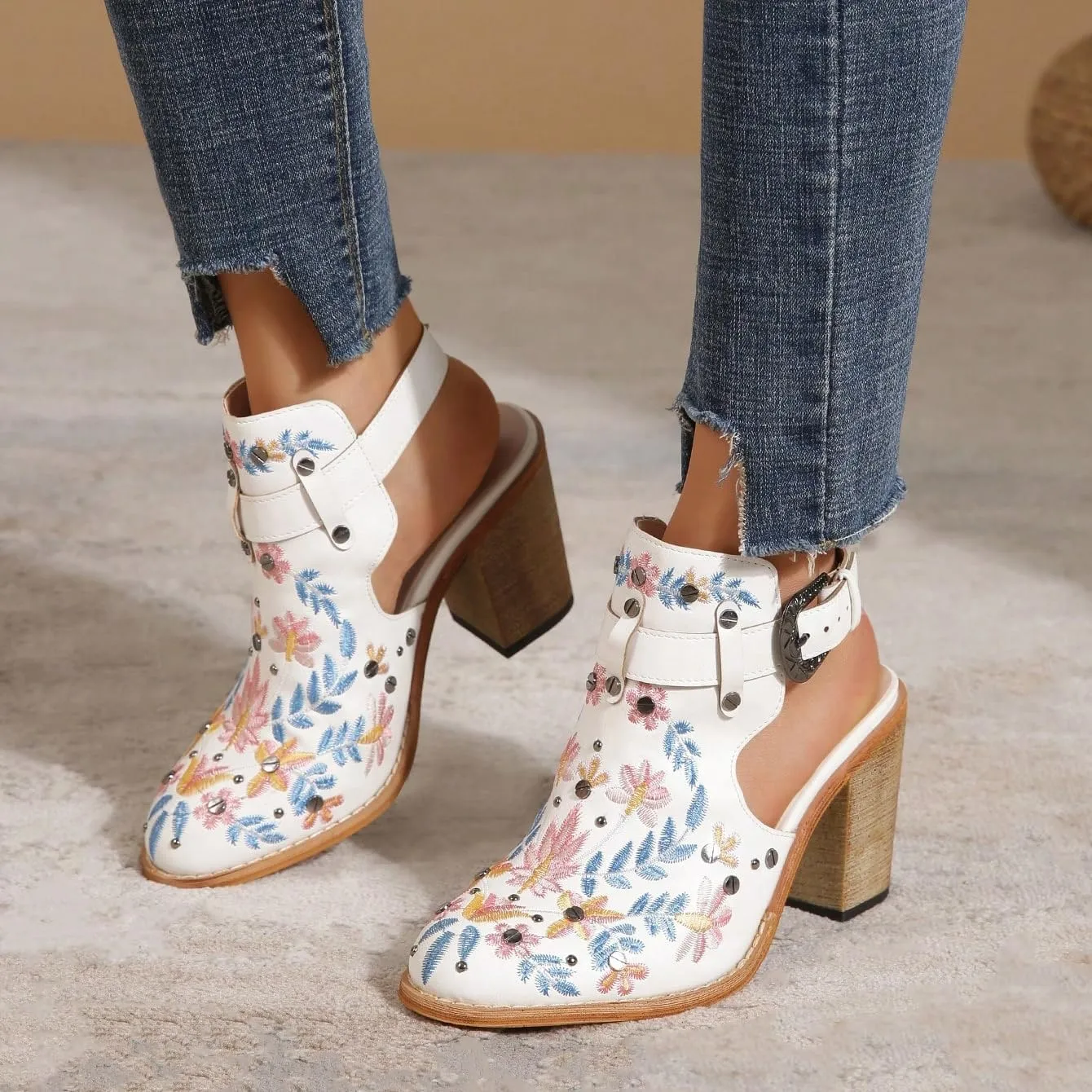 Women's Floral Embroidery Ankle Boots Buckled Backless Western Vintage Wooden Chunky Heeled Booties