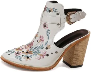 Women's Floral Embroidery Ankle Boots Buckled Backless Western Vintage Wooden Chunky Heeled Booties