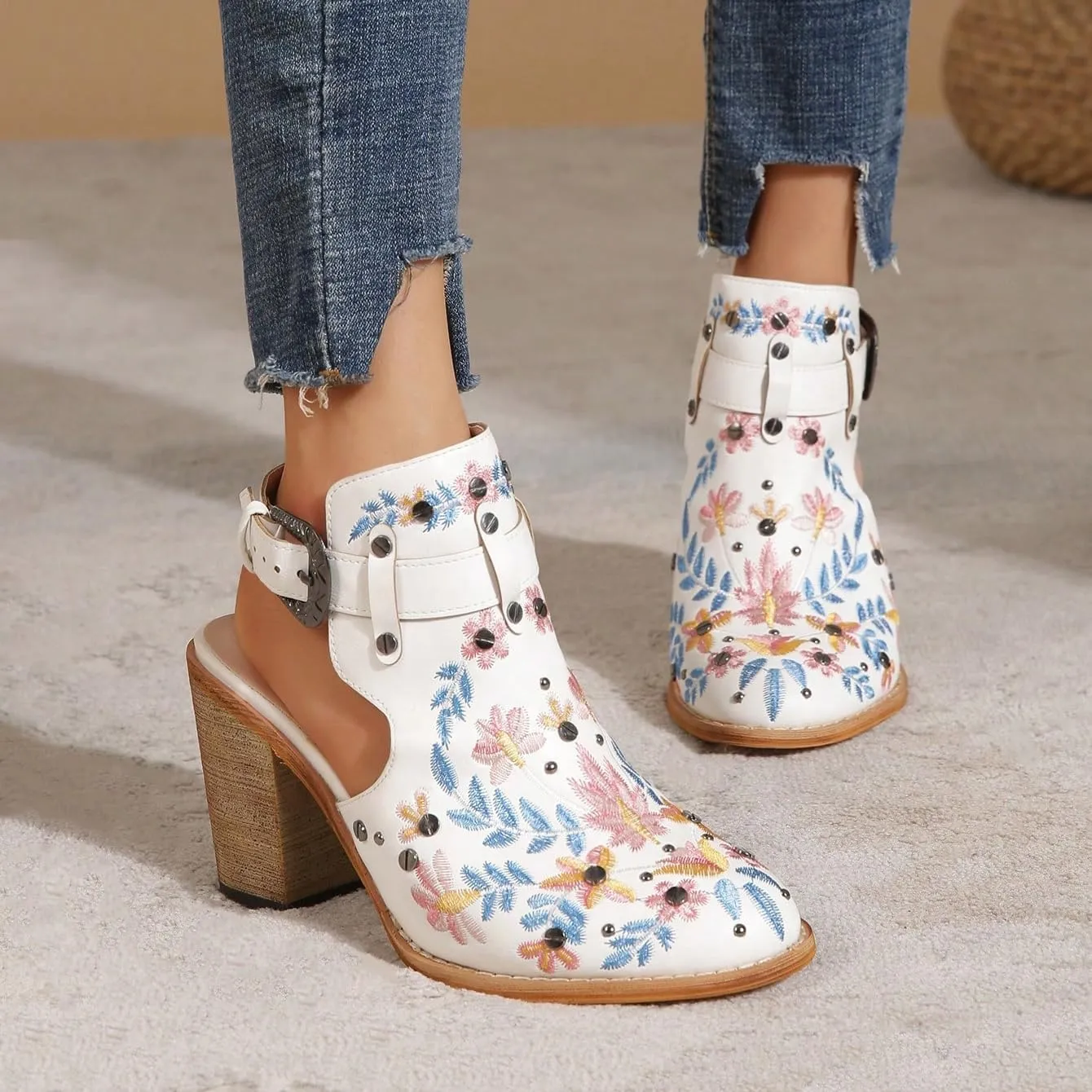 Women's Floral Embroidery Ankle Boots Buckled Backless Western Vintage Wooden Chunky Heeled Booties