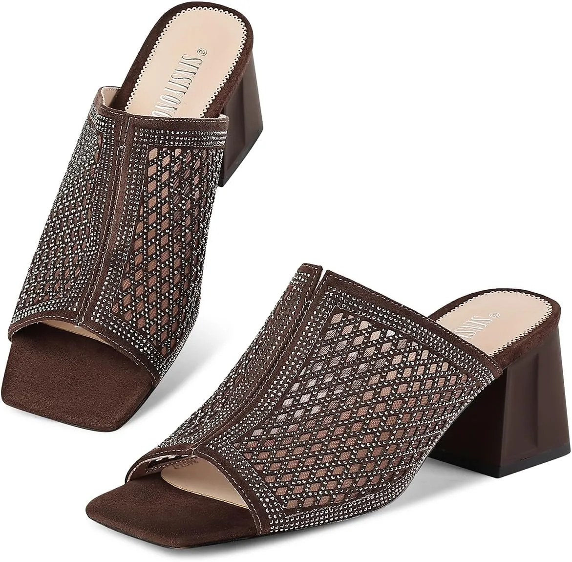 Women's Heeled Mules Open Toe Block Heel Sandals Comfortable Rhinestones Pumps