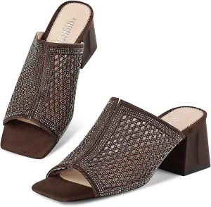 Women's Heeled Mules Open Toe Block Heel Sandals Comfortable Rhinestones Pumps