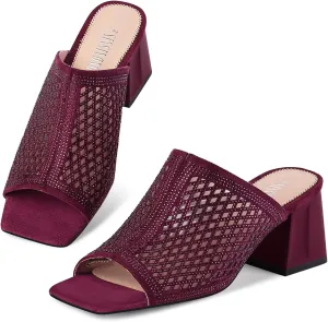 Women's Heeled Mules Open Toe Block Heel Sandals Comfortable Rhinestones Pumps