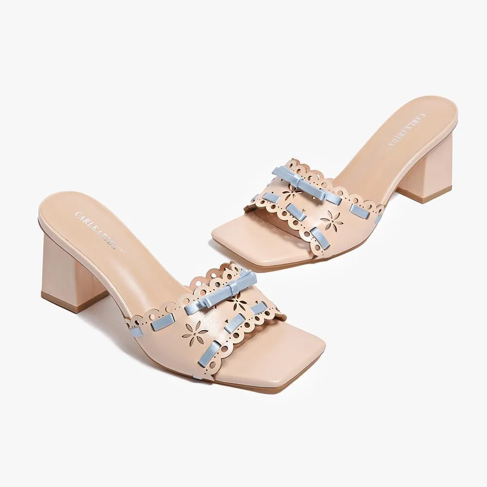 Women's Heeled Sandals Open Toe Mules Glossy Chunky Heels Casual Dress Shoes