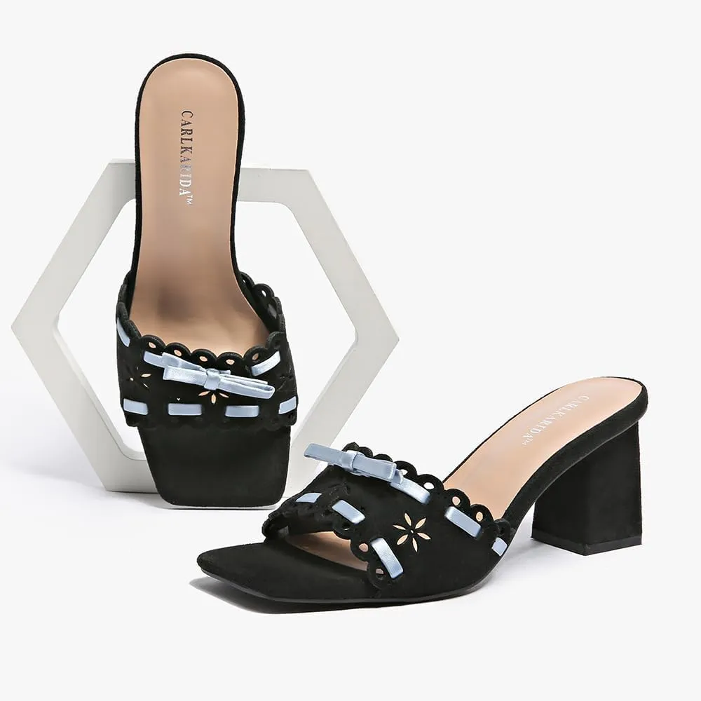 Women's Heeled Sandals Open Toe Mules Glossy Chunky Heels Casual Dress Shoes