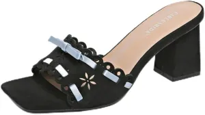 Women's Heeled Sandals Open Toe Mules Glossy Chunky Heels Casual Dress Shoes
