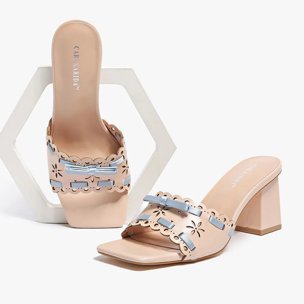 Women's Heeled Sandals Open Toe Mules Glossy Chunky Heels Casual Dress Shoes