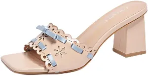 Women's Heeled Sandals Open Toe Mules Glossy Chunky Heels Casual Dress Shoes