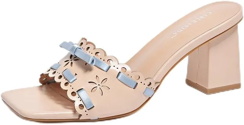 Women's Heeled Sandals Open Toe Mules Glossy Chunky Heels Casual Dress Shoes