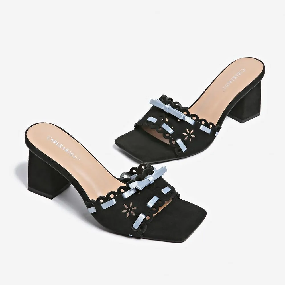 Women's Heeled Sandals Open Toe Mules Glossy Chunky Heels Casual Dress Shoes
