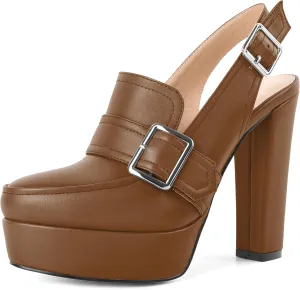 Women's High Heel Loafers Platform Pumps Round Toe Heels Chunky Heel Pumps Stylish Comfortable 4.8 Inch Slingback Heels