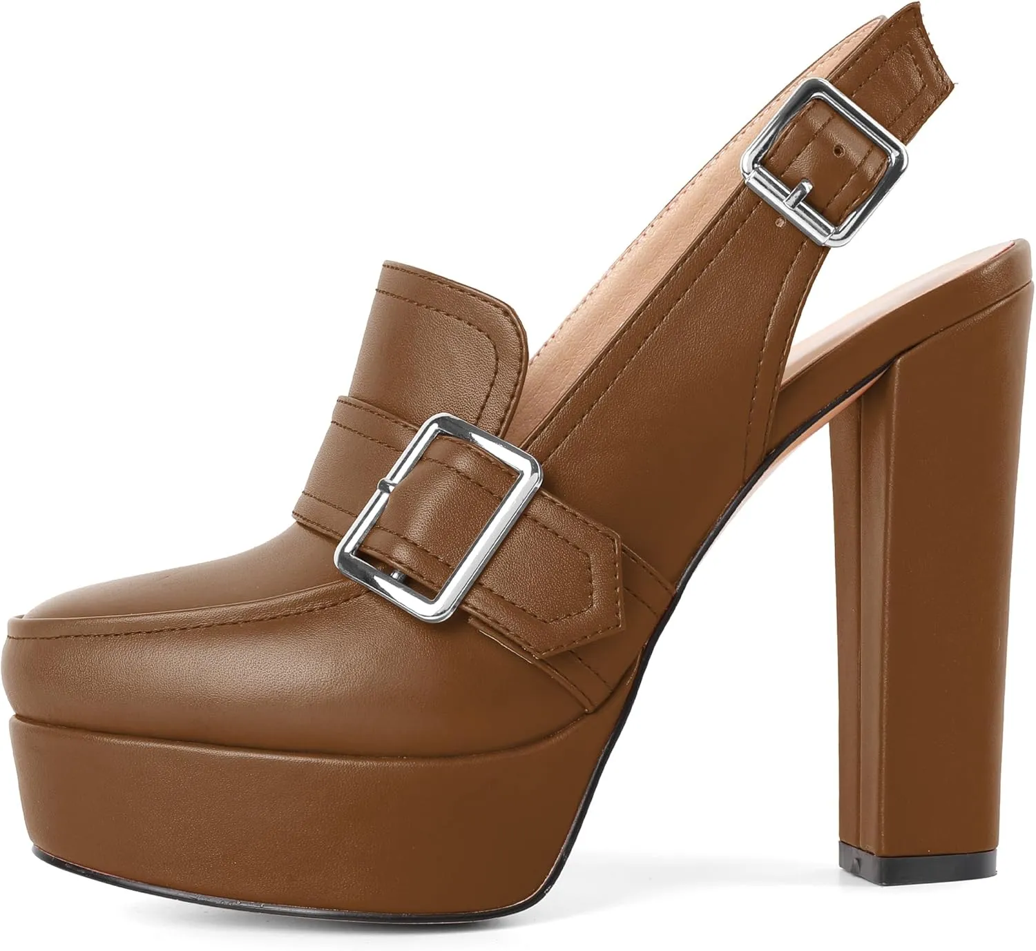Women's High Heel Loafers Platform Pumps Round Toe Heels Chunky Heel Pumps Stylish Comfortable 4.8 Inch Slingback Heels