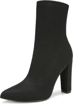 Women's High Heeled Booties Pointed Toe Mid Calf Ankle Boots Block Chunky Heels boot Stretch Fashion Sexy Wedding Short Bootie
