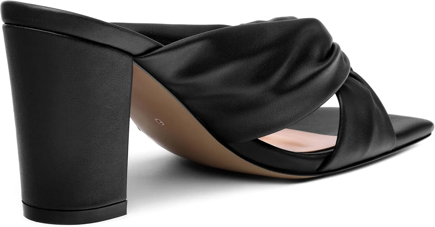 Women's High Heeled Square Toe Slip On Sandals, Puffy Knot Chunky Heel Open Toe Sandals for women, Summer Party Prom Shoes