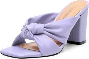 Women's High Heeled Square Toe Slip On Sandals, Puffy Knot Chunky Heel Open Toe Sandals for women, Summer Party Prom Shoes