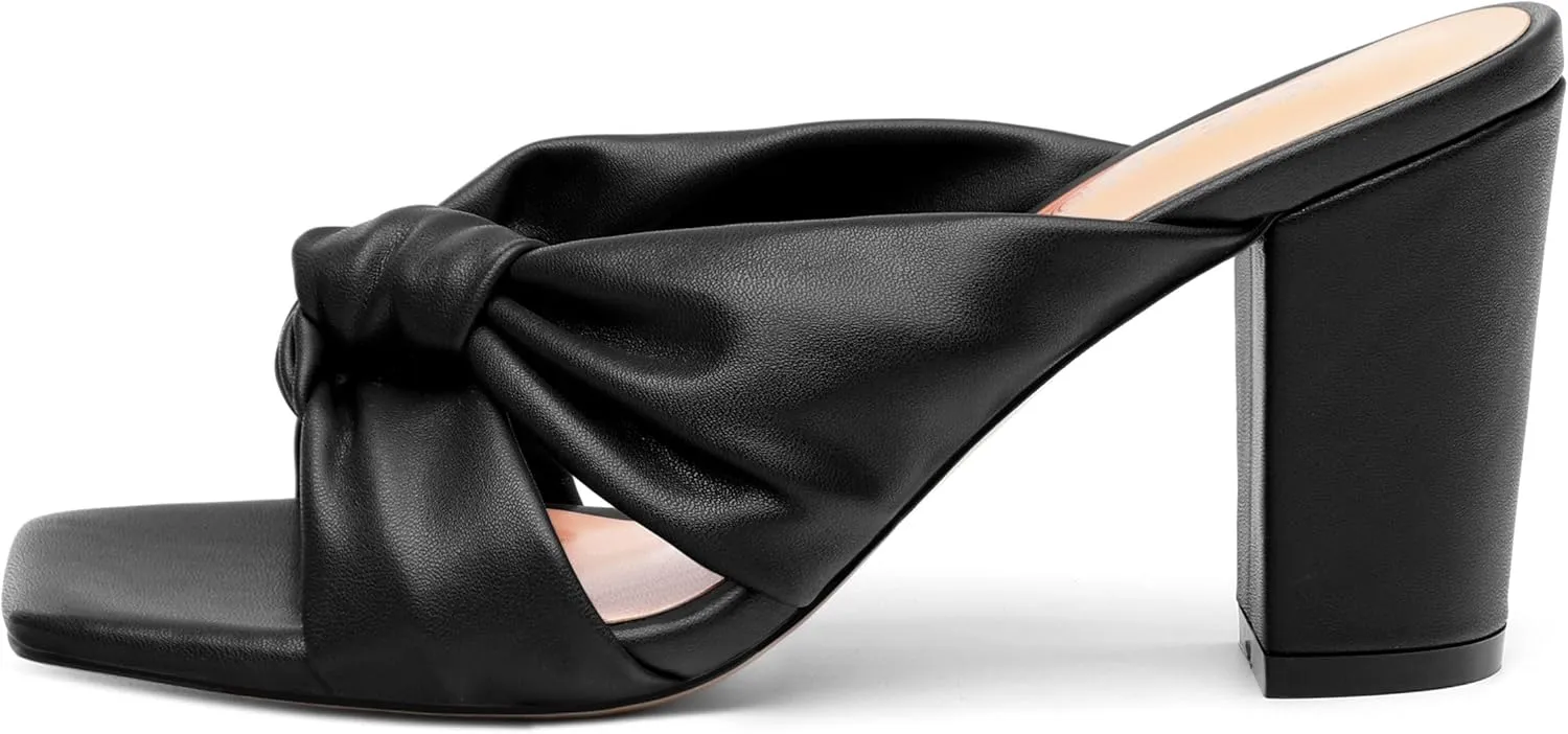 Women's High Heeled Square Toe Slip On Sandals, Puffy Knot Chunky Heel Open Toe Sandals for women, Summer Party Prom Shoes