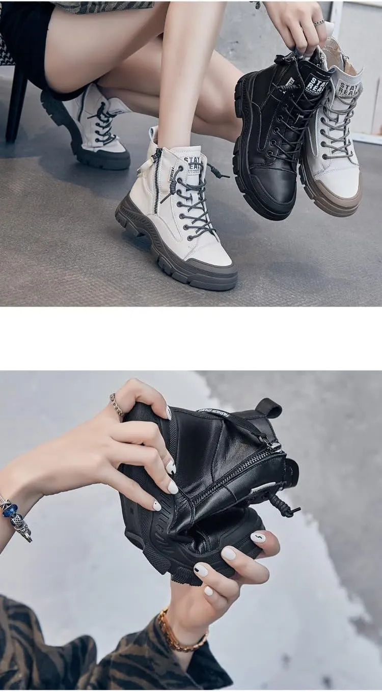 Women's High Top Lace Up Walking Shoes Sports Small White Shoes,Round Head Side Zipper Warm Casual Shoes