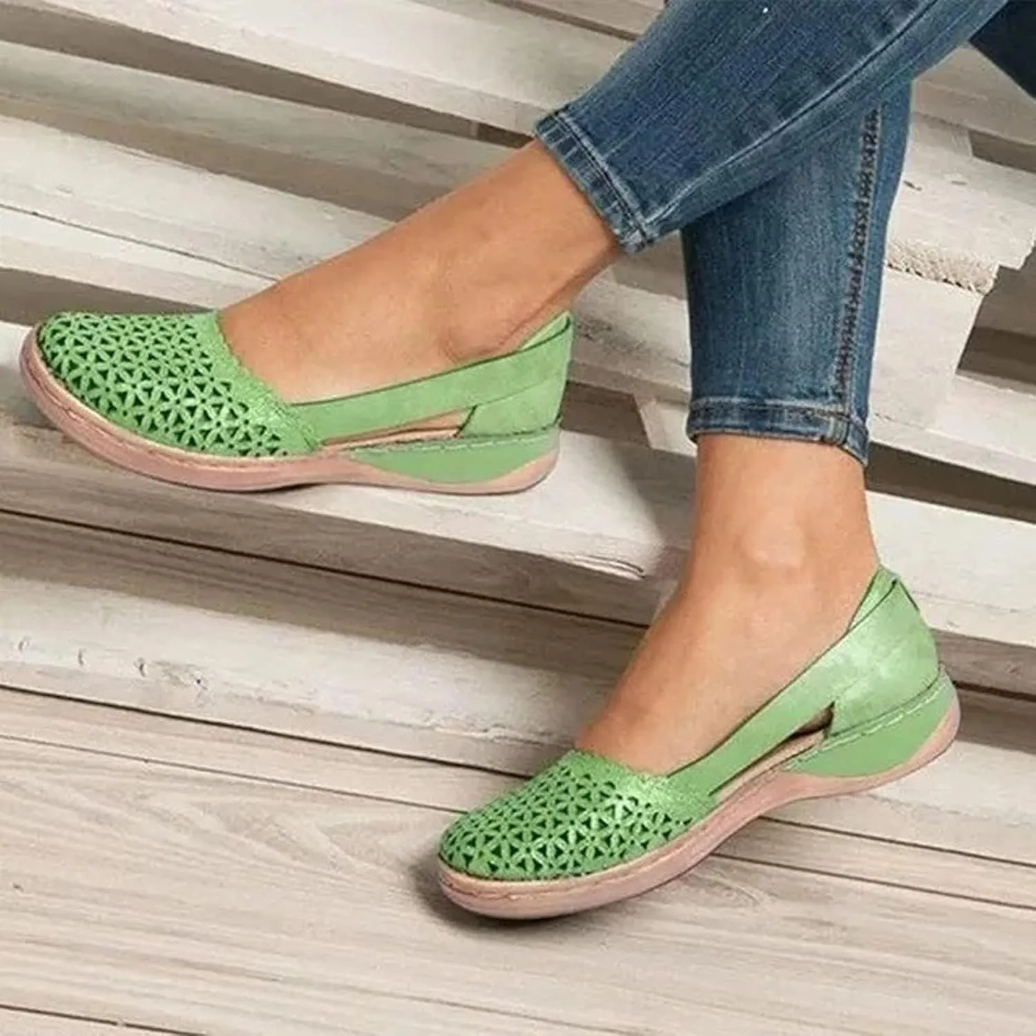 Womens Hollow Ballet Flats Casual Round Toe Low Heels Comfortable Vintage Leather Dress Shoes Walking Shoes Mary Janes