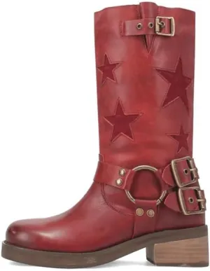 Women's Knee High Riding Boots Square Toe Chunky Block Heel Fashion Buckle Motocycle Biker Boots with Stars