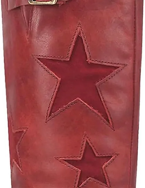Women's Knee High Riding Boots Square Toe Chunky Block Heel Fashion Buckle Motocycle Biker Boots with Stars