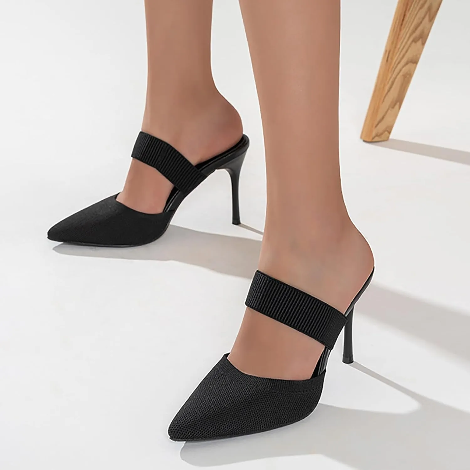 Women'S Knit Stretchy Closed Pointed Toe Stiletto Mules Fashion Mesh Breathable Comfort Slip-On High Heel slingback Dress Slide sandals with Elastic Strap for Wedding Party Daily Wear