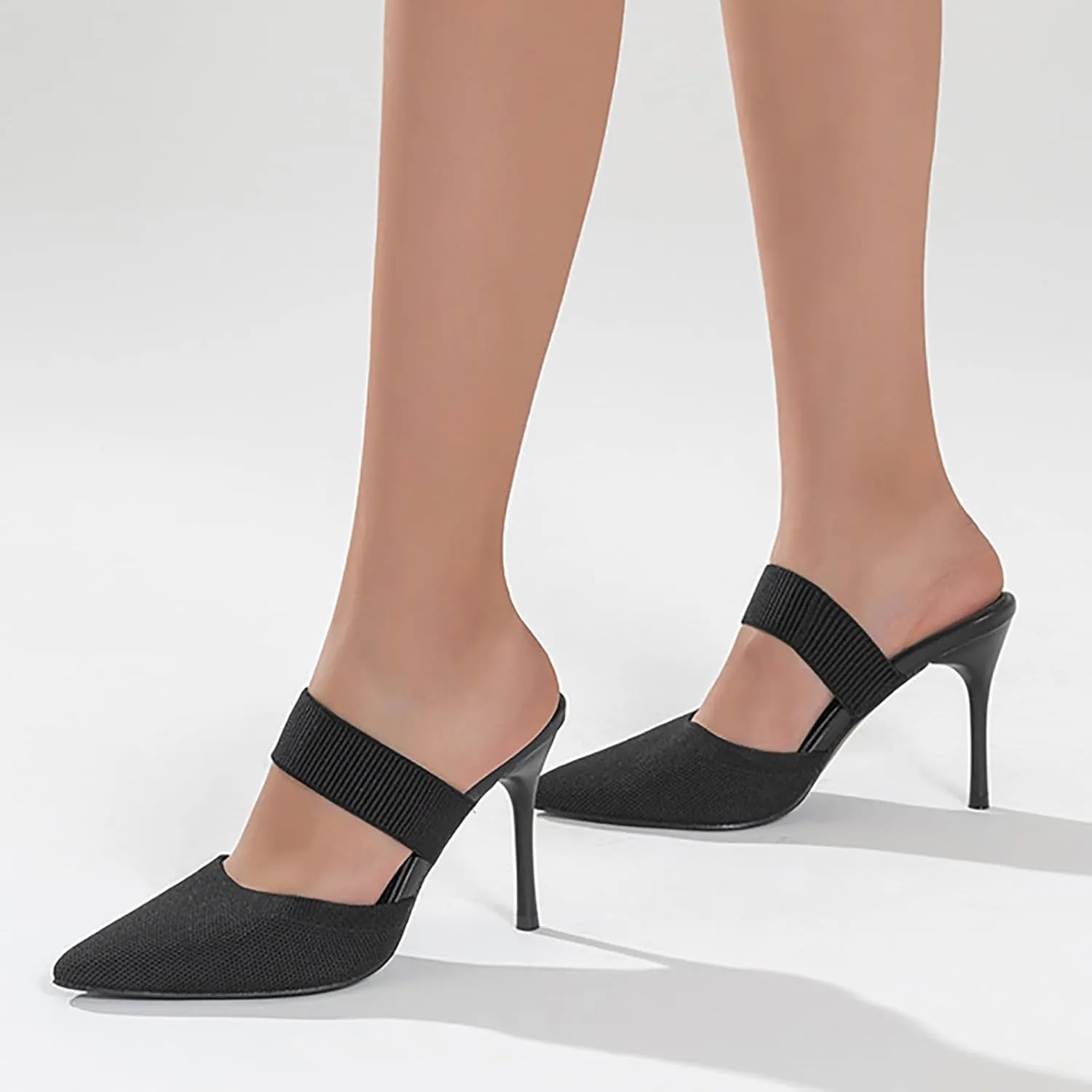 Women'S Knit Stretchy Closed Pointed Toe Stiletto Mules Fashion Mesh Breathable Comfort Slip-On High Heel slingback Dress Slide sandals with Elastic Strap for Wedding Party Daily Wear