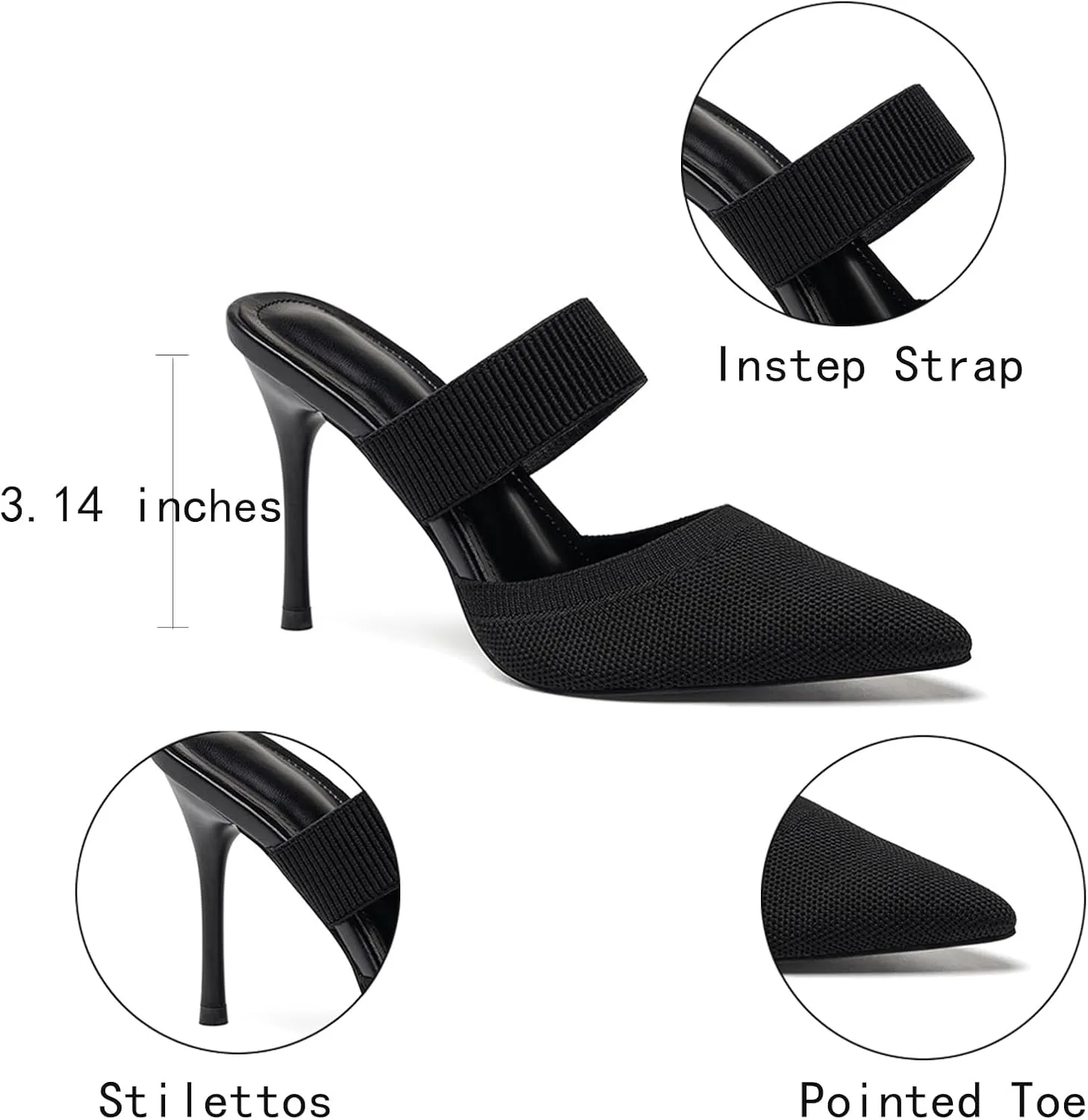 Women'S Knit Stretchy Closed Pointed Toe Stiletto Mules Fashion Mesh Breathable Comfort Slip-On High Heel slingback Dress Slide sandals with Elastic Strap for Wedding Party Daily Wear