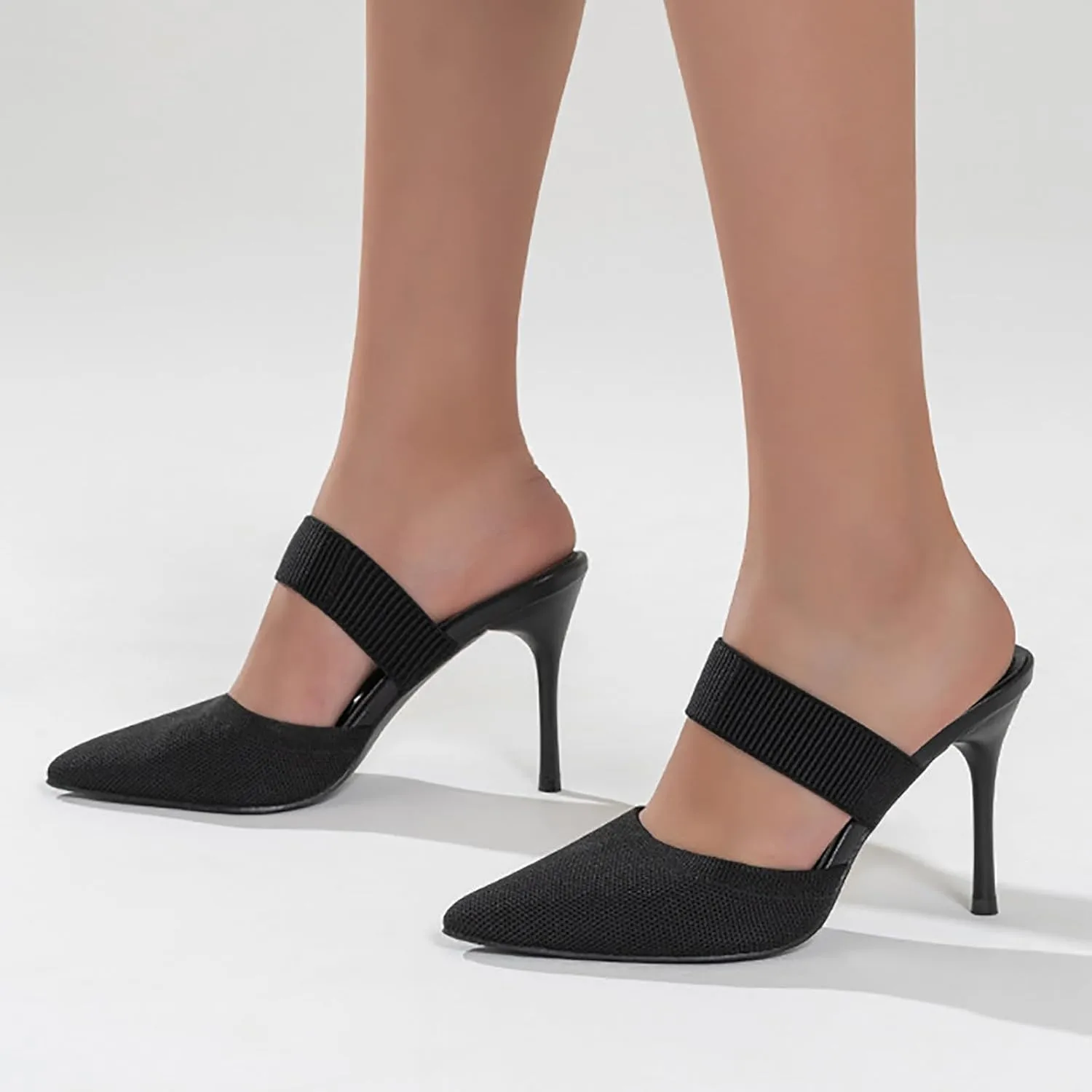 Women'S Knit Stretchy Closed Pointed Toe Stiletto Mules Fashion Mesh Breathable Comfort Slip-On High Heel slingback Dress Slide sandals with Elastic Strap for Wedding Party Daily Wear