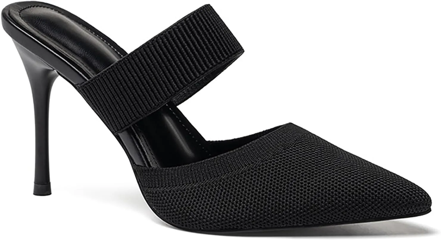 Women'S Knit Stretchy Closed Pointed Toe Stiletto Mules Fashion Mesh Breathable Comfort Slip-On High Heel slingback Dress Slide sandals with Elastic Strap for Wedding Party Daily Wear
