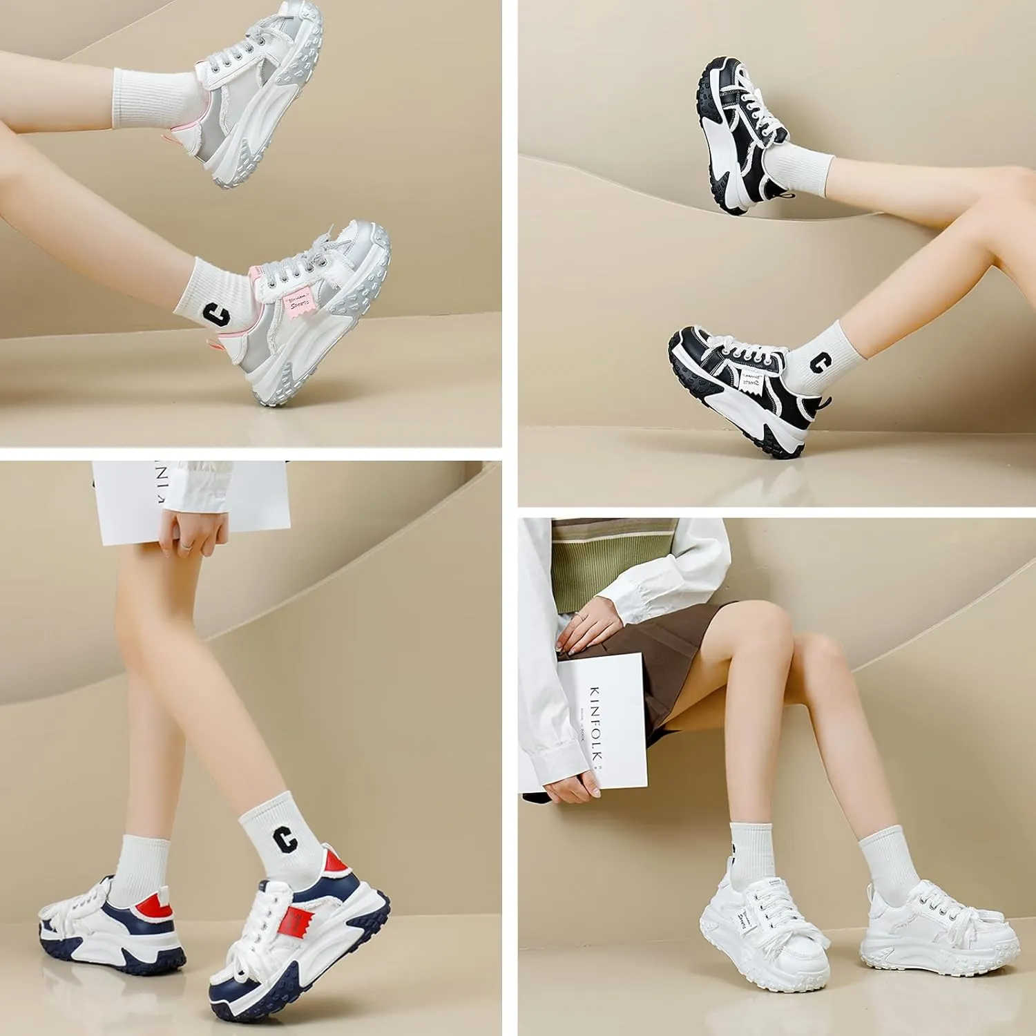 Women's Leather Fashion Casual Sneakers,Lace-Up Round Toe Platform Sneakers,Anti-Slip Shock Absorbing Heighten Outdoor Running Sneakers