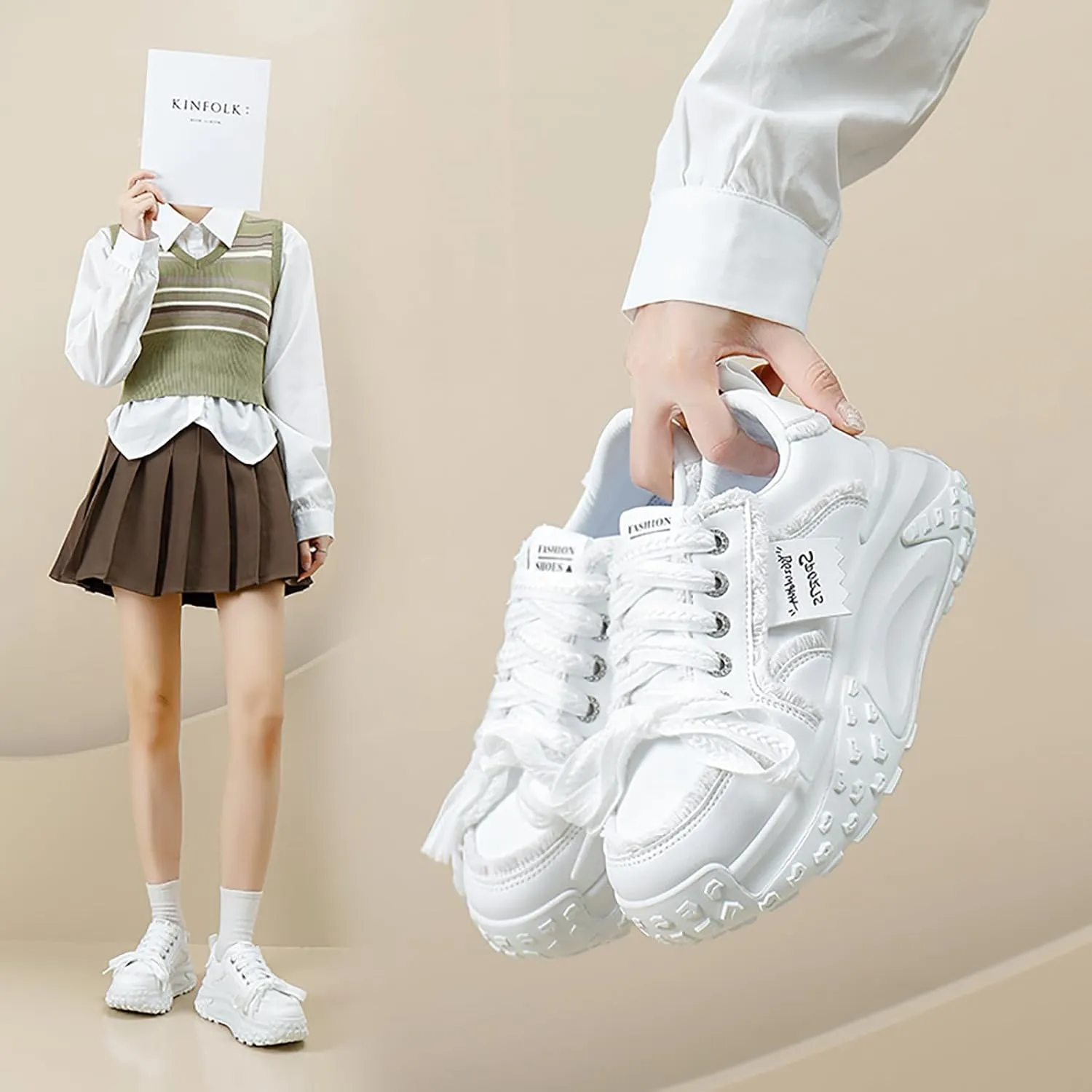 Women's Leather Fashion Casual Sneakers,Lace-Up Round Toe Platform Sneakers,Anti-Slip Shock Absorbing Heighten Outdoor Running Sneakers