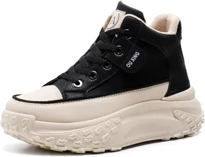 Women's Leather Platform Increasing Sneakers Fashion Chunky Lace Up Low Top Sports Trainers High Top Casual Non-Slip Walking Dad Shoes