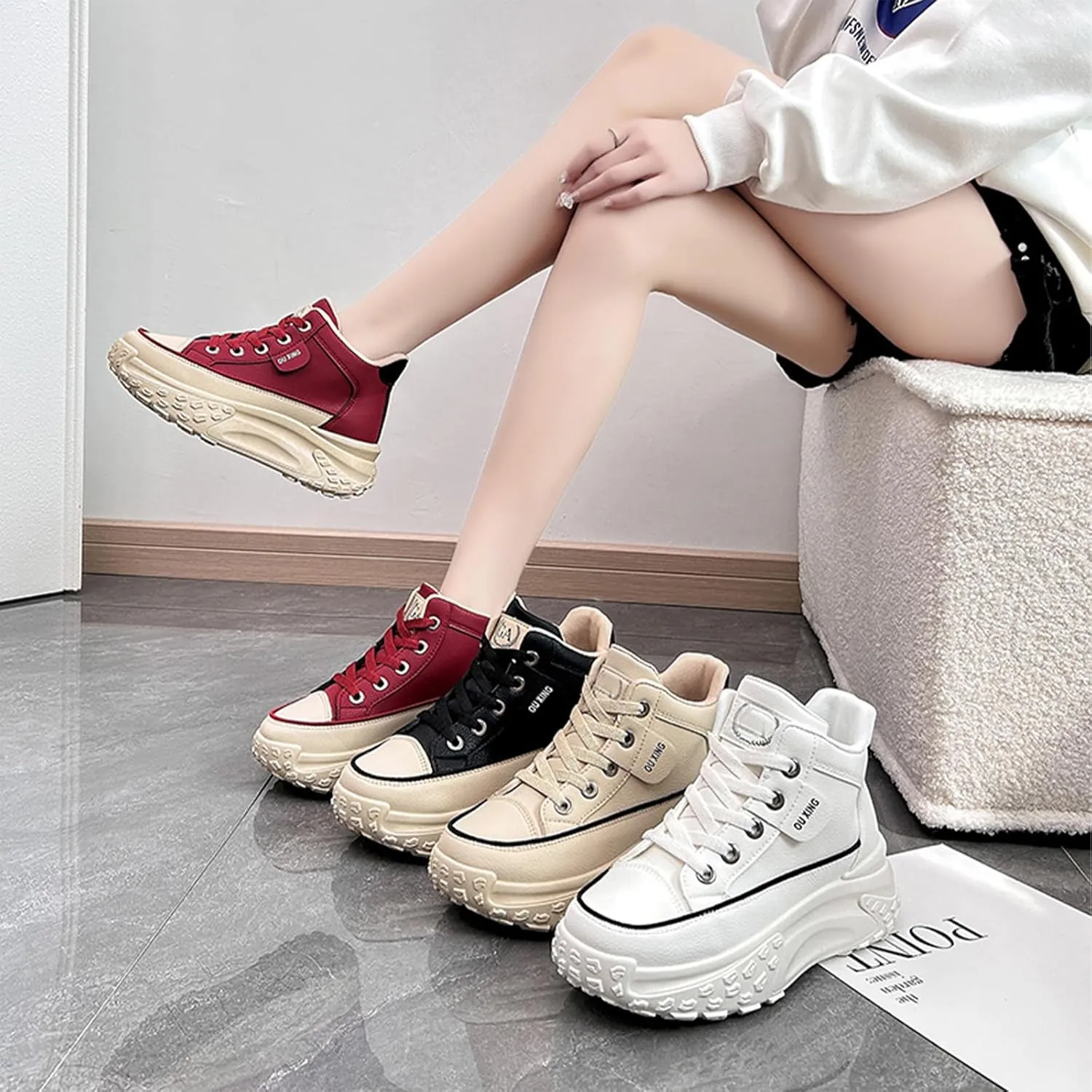 Women's Leather Platform Increasing Sneakers Fashion Chunky Lace Up Low Top Sports Trainers High Top Casual Non-Slip Walking Dad Shoes