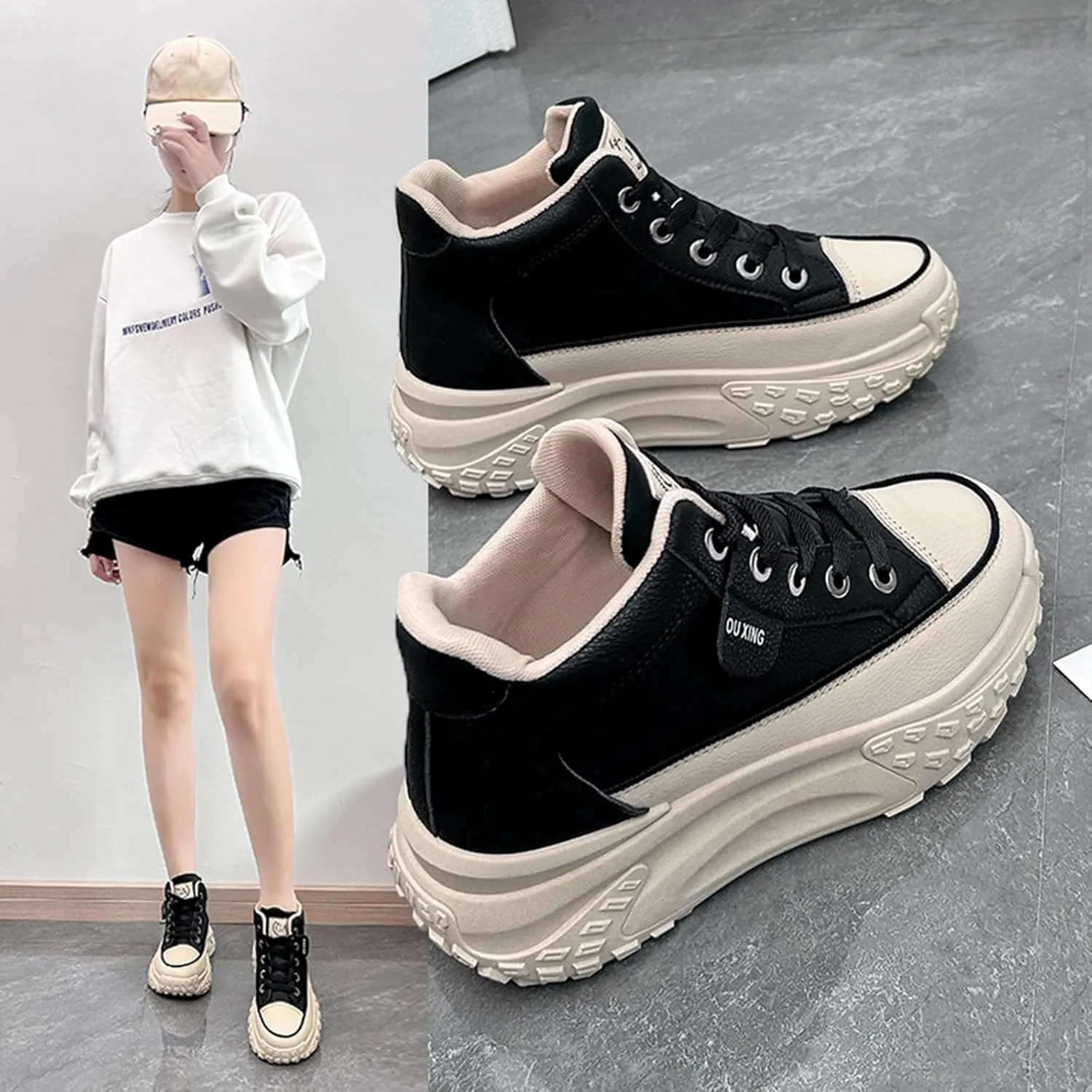 Women's Leather Platform Increasing Sneakers Fashion Chunky Lace Up Low Top Sports Trainers High Top Casual Non-Slip Walking Dad Shoes