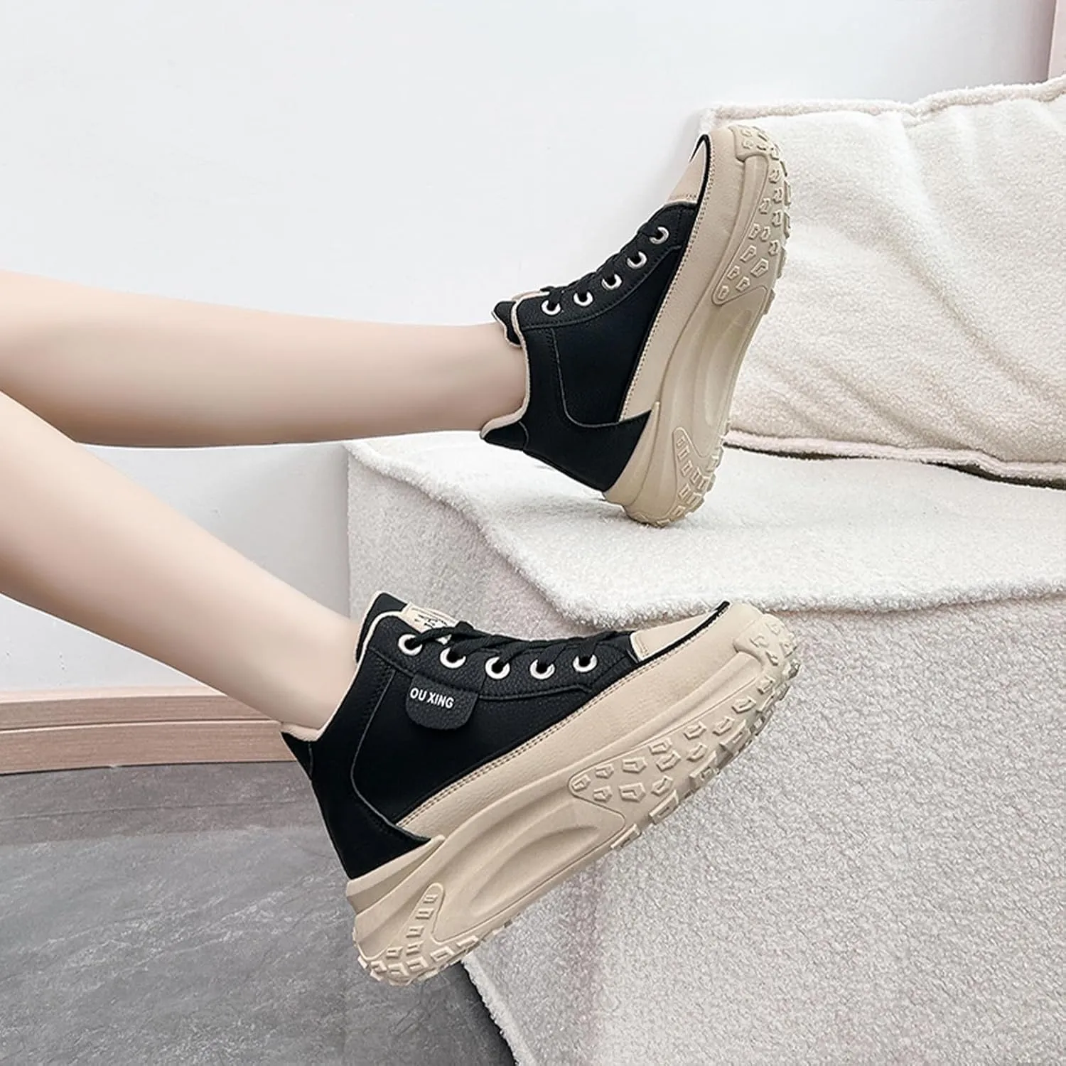 Women's Leather Platform Increasing Sneakers Fashion Chunky Lace Up Low Top Sports Trainers High Top Casual Non-Slip Walking Dad Shoes