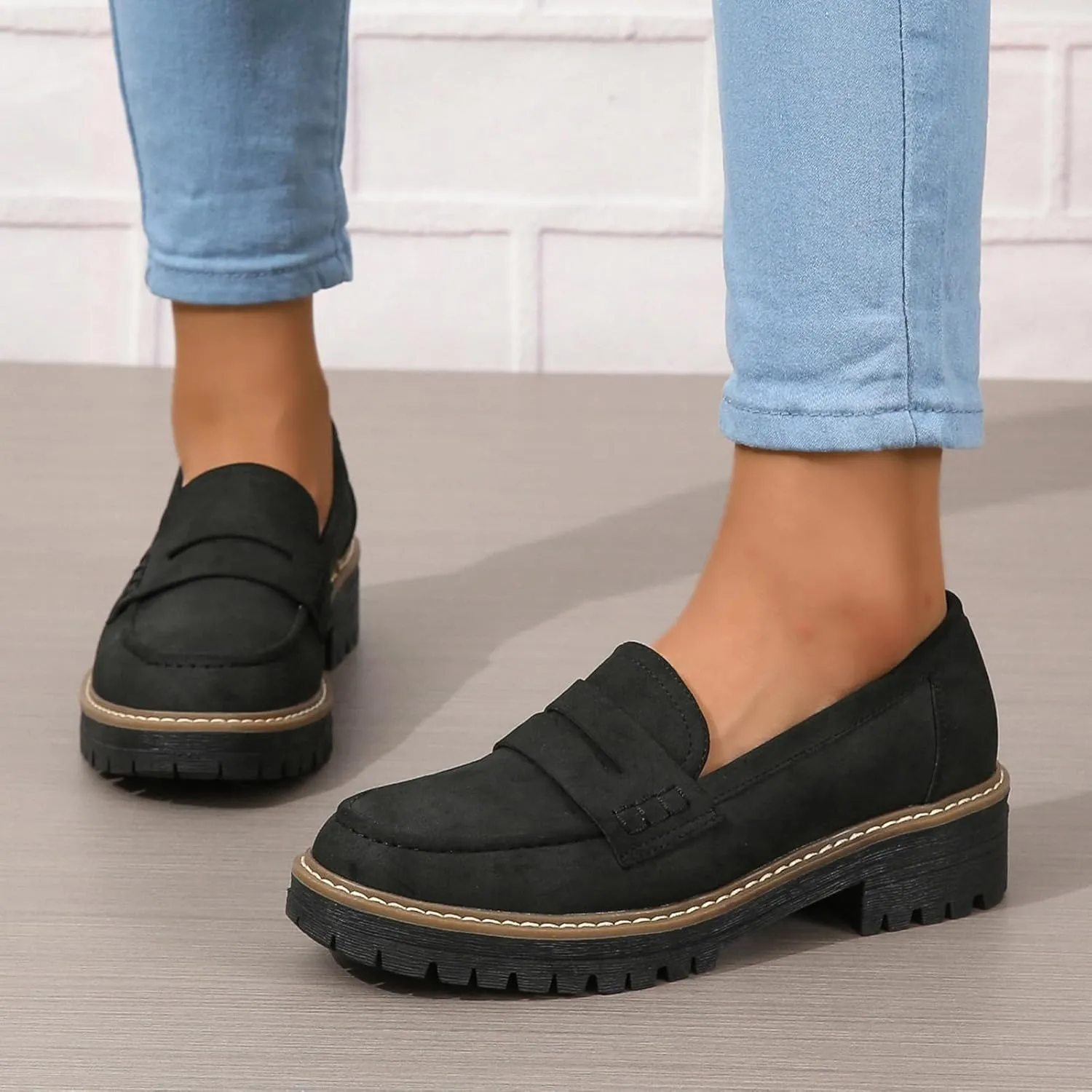 Womens Loafers Slip On Casual Chunky Platform Heel Loafers Classic Penny Dressy Comfy Business Work Shoes Green Beige Black Red US5-11